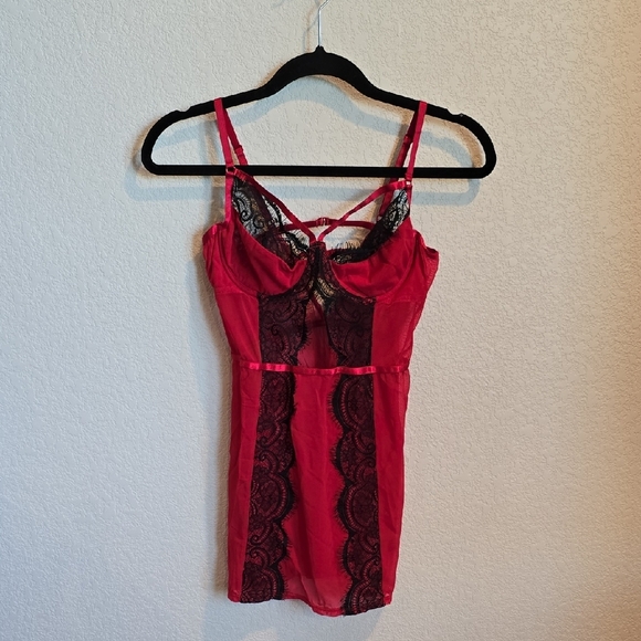 Adore Me Red and Black Satin Chemise with Lace Details - Picture 1 of 2